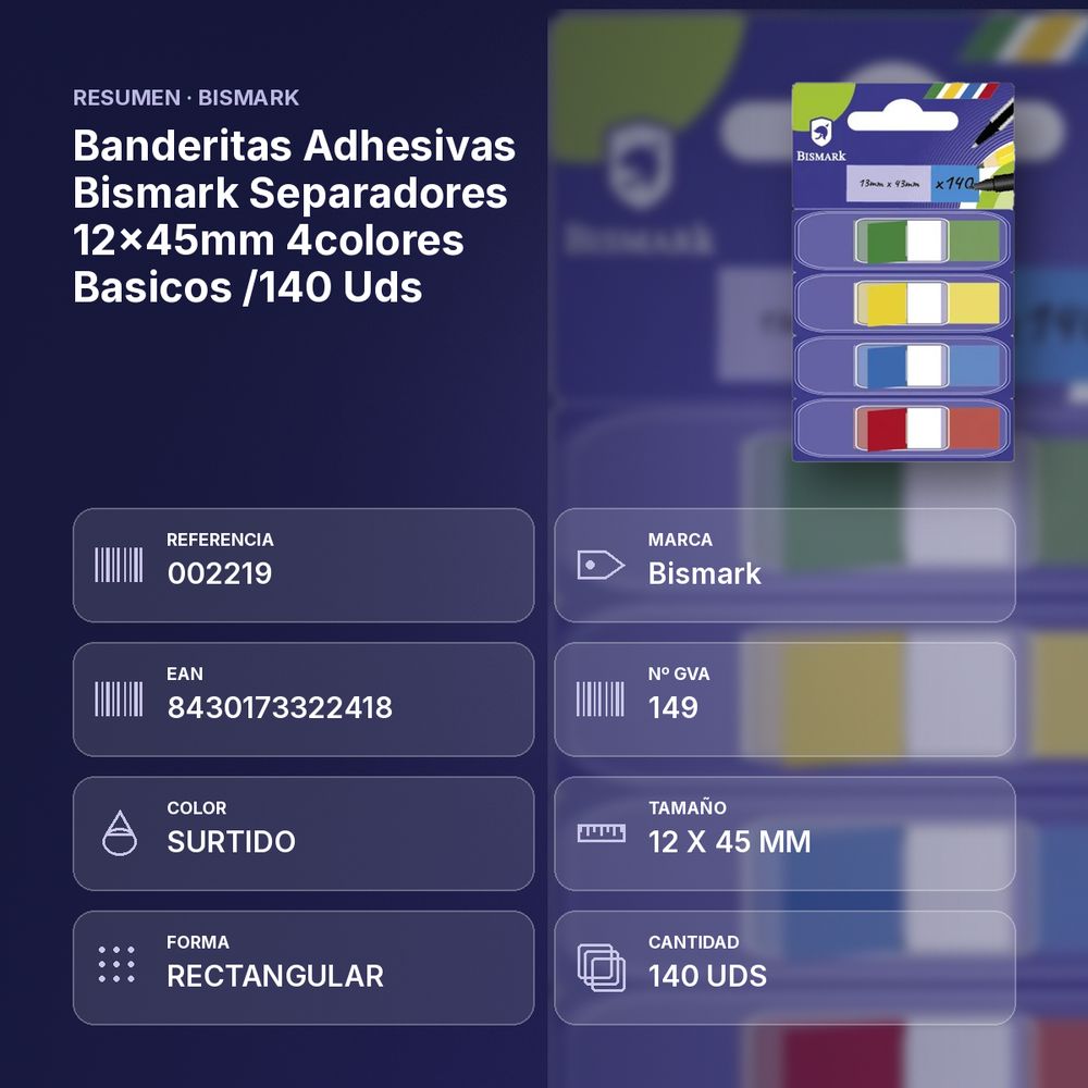 BANDERITAS ADHESIVAS BISMARK SEPARADORES 12X45MM 4COLORES BASICOS /140 UDS - resumen de atributos