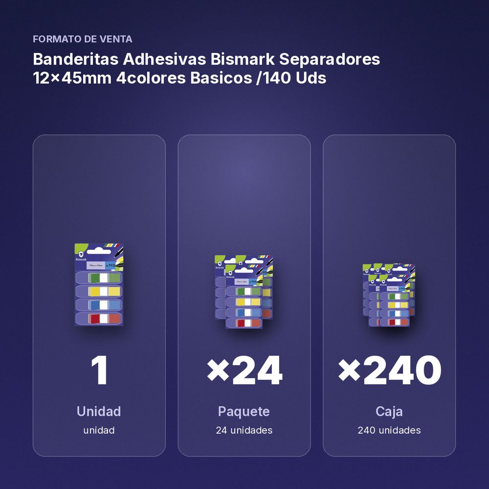 BANDERITAS ADHESIVAS BISMARK SEPARADORES 12X45MM 4COLORES BASICOS /140 UDS - formato de venta: paquete de 24, caja de 240