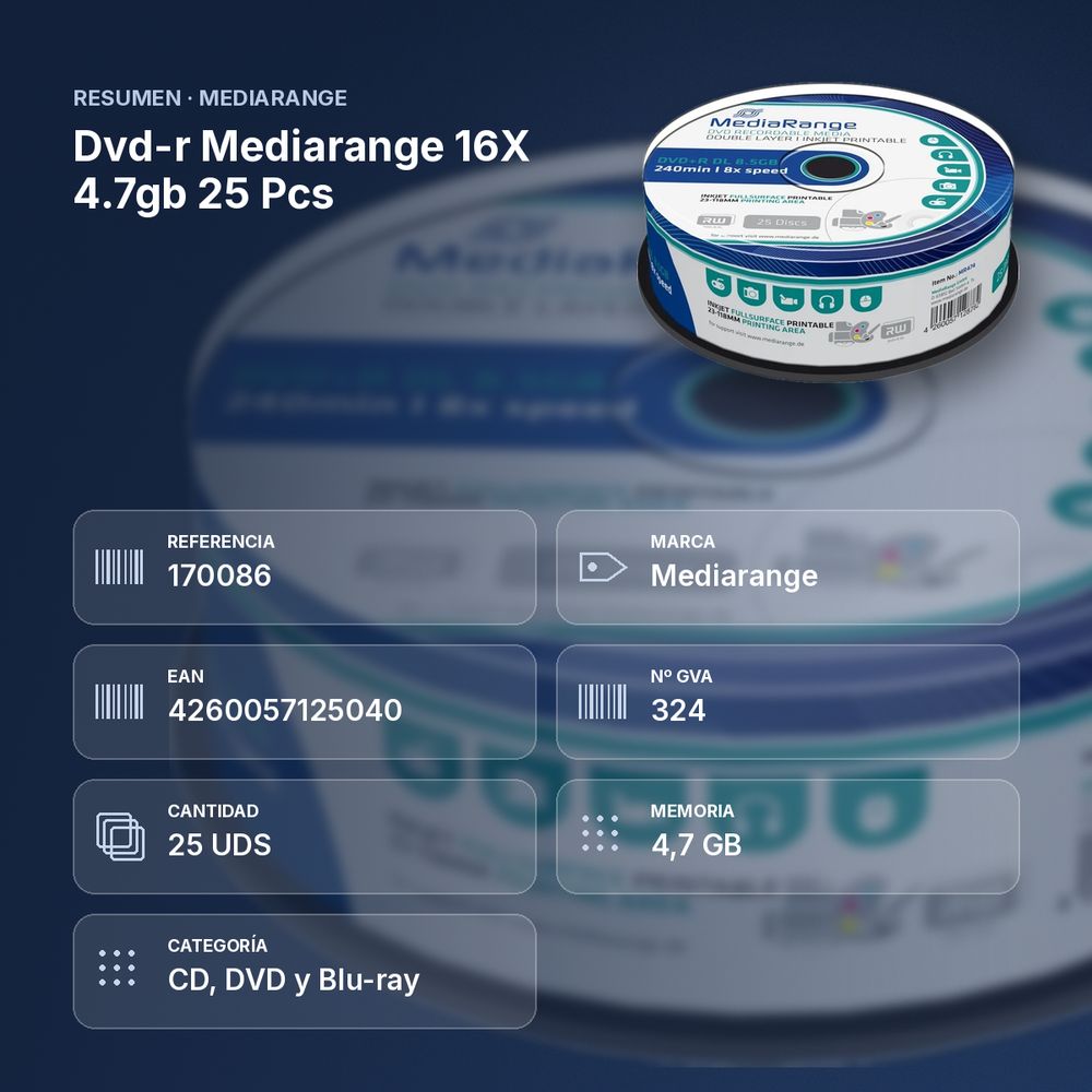 DVD-R MEDIARANGE 16X 4.7GB 25 PCS - resumen de atributos
