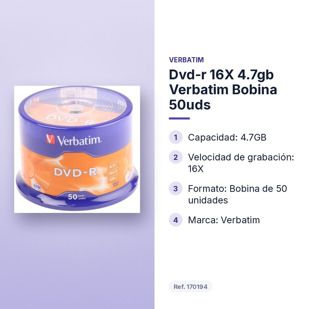 DVD-R 16X 4.7GB VERBATIM BOBINA 50UDS - características principales