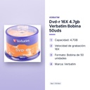 DVD-R 16X 4.7GB VERBATIM BOBINA 50UDS - características principales