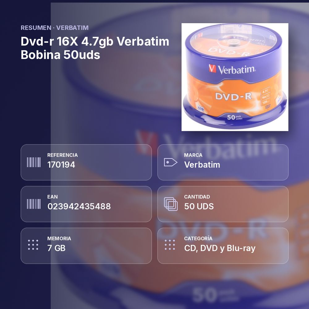DVD-R 16X 4.7GB VERBATIM BOBINA 50UDS - resumen de atributos