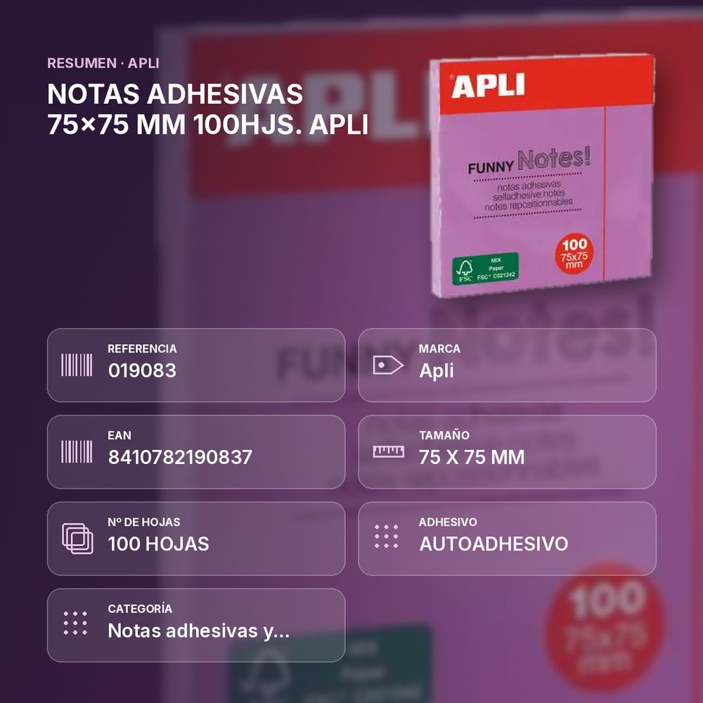 NOTAS ADHESIVAS 75x75 MM 100HJS. APLI - resumen de atributos