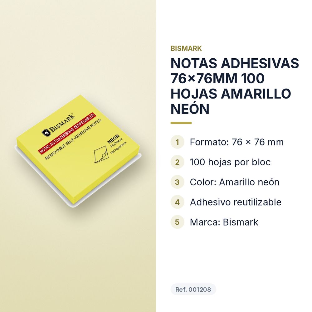 NOTAS ADHESIVAS 76x76MM 100 HOJAS AMARILLO NEÓN - características principales