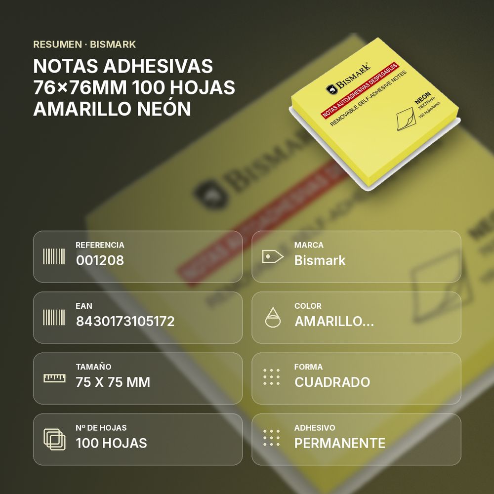 NOTAS ADHESIVAS 76x76MM 100 HOJAS AMARILLO NEÓN - resumen de atributos