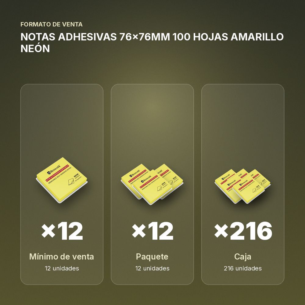 NOTAS ADHESIVAS 76x76MM 100 HOJAS AMARILLO NEÓN - formato de venta: paquete de 12, caja de 216