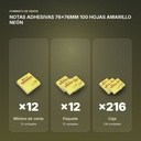 NOTAS ADHESIVAS 76x76MM 100 HOJAS AMARILLO NEÓN - formato de venta: paquete de 12, caja de 216