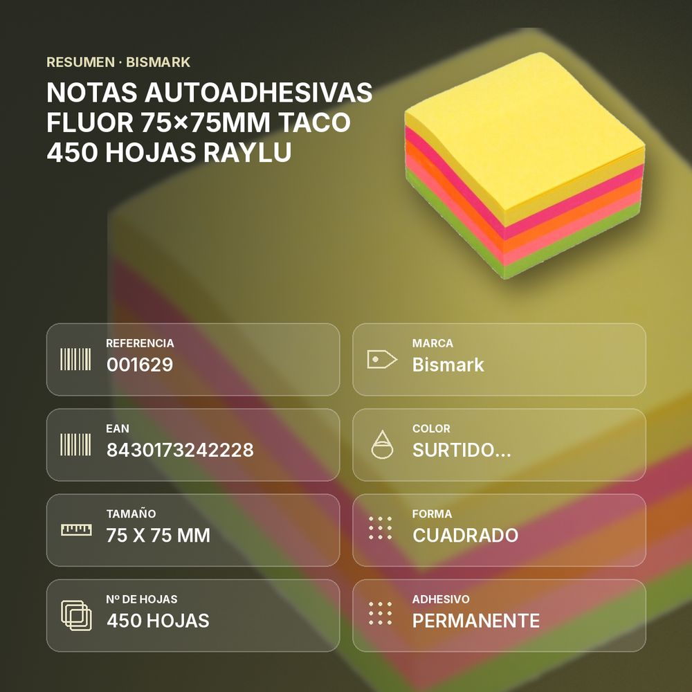 NOTAS AUTOADHESIVAS FLUOR 75x75MM TACO 450 HOJAS RAYLU - resumen de atributos
