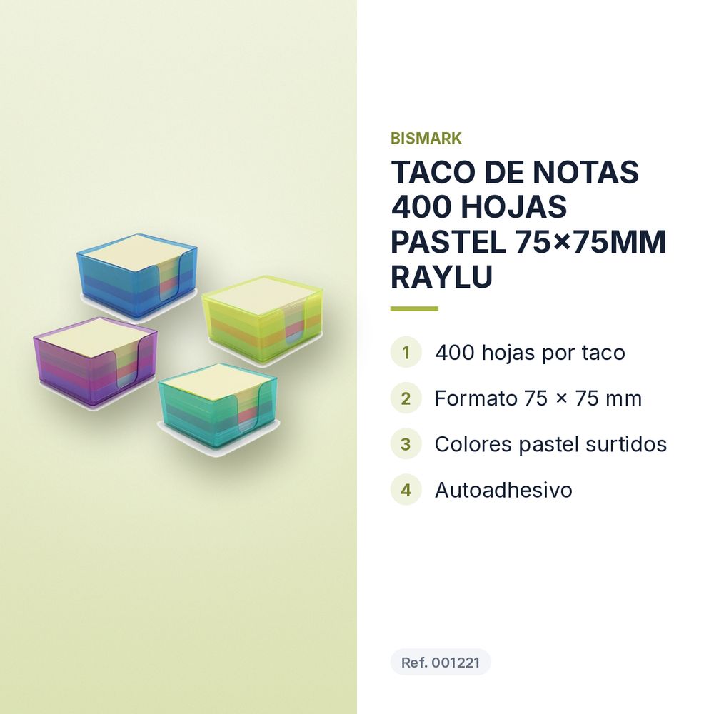 TACO DE NOTAS 400 HOJAS PASTEL 75x75MM RAYLU - características principales