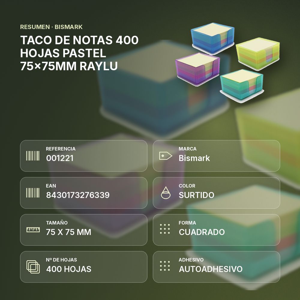 TACO DE NOTAS 400 HOJAS PASTEL 75x75MM RAYLU - resumen de atributos