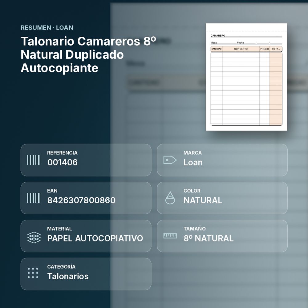 TALONARIO CAMAREROS 8º NATURAL DUPLICADO AUTOCOPIANTE - resumen de atributos