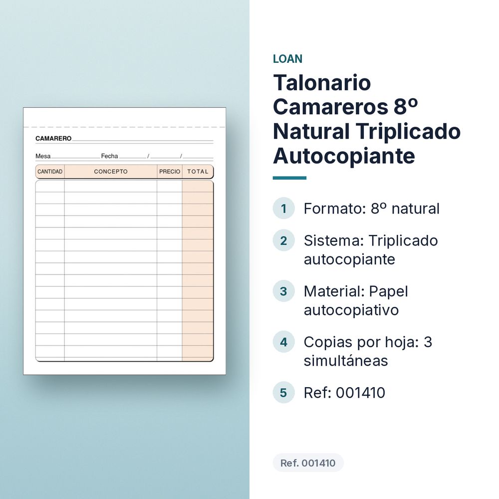 TALONARIO CAMAREROS 8º NATURAL TRIPLICADO AUTOCOPIANTE - características principales