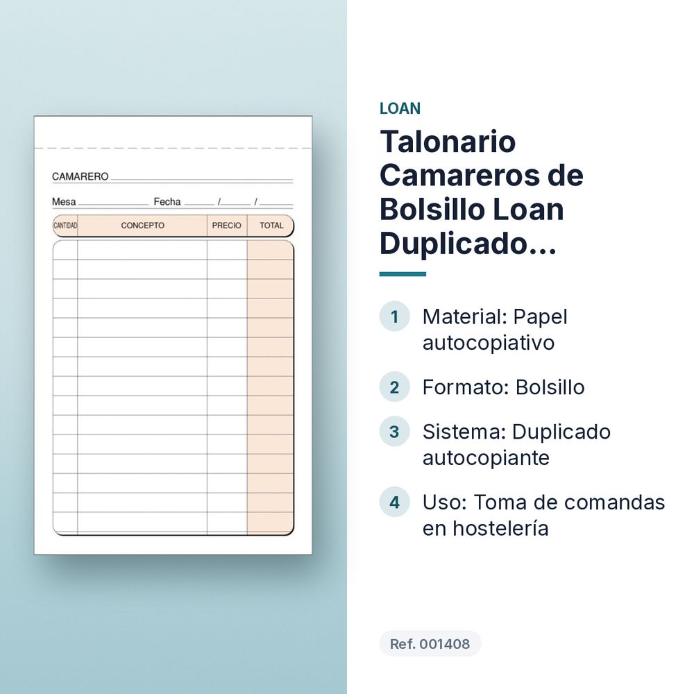 TALONARIO CAMAREROS DE BOLSILLO LOAN DUPLICADO AUTOCOPIANTE - características principales