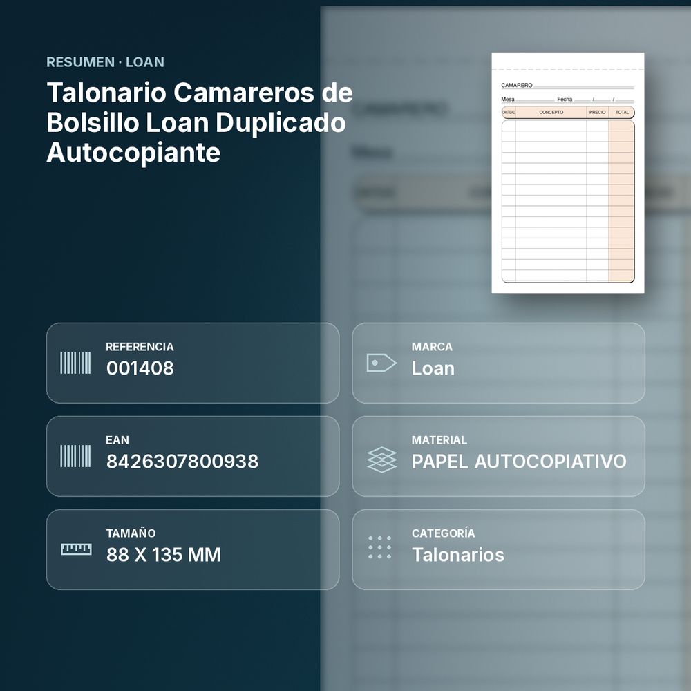 TALONARIO CAMAREROS DE BOLSILLO LOAN DUPLICADO AUTOCOPIANTE - resumen de atributos