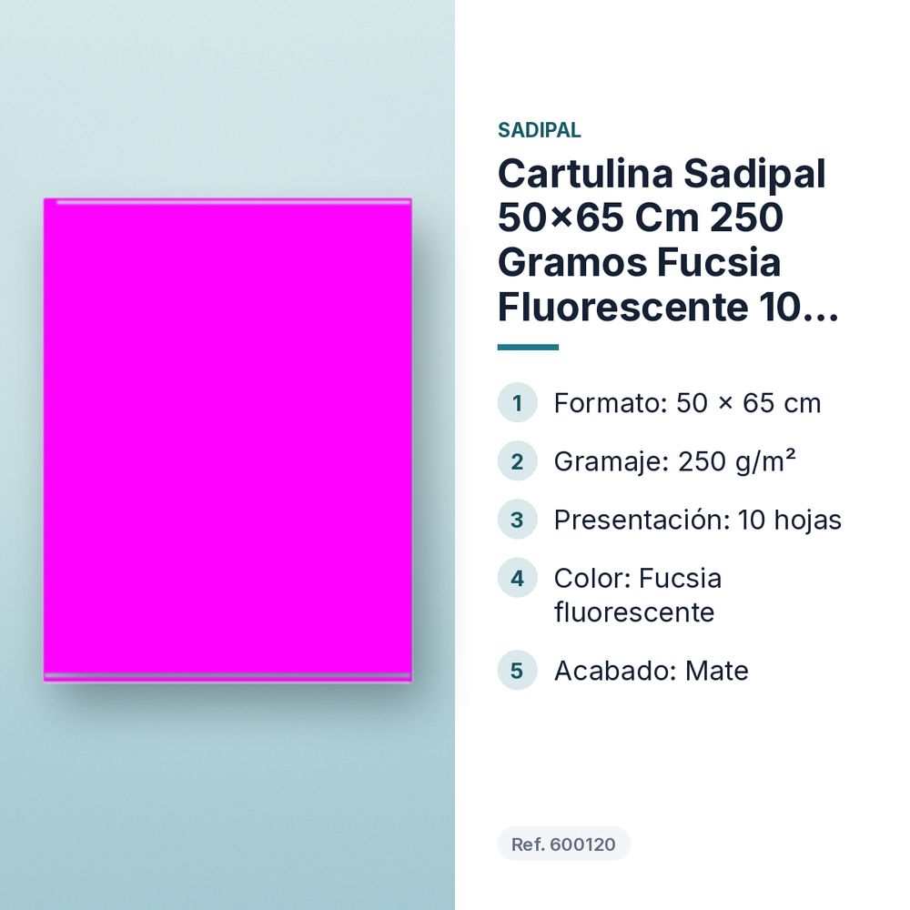 CARTULINA SADIPAL 50×65 CM 250 GRAMOS FUCSIA FLUORESCENTE 10 HOJAS - características principales