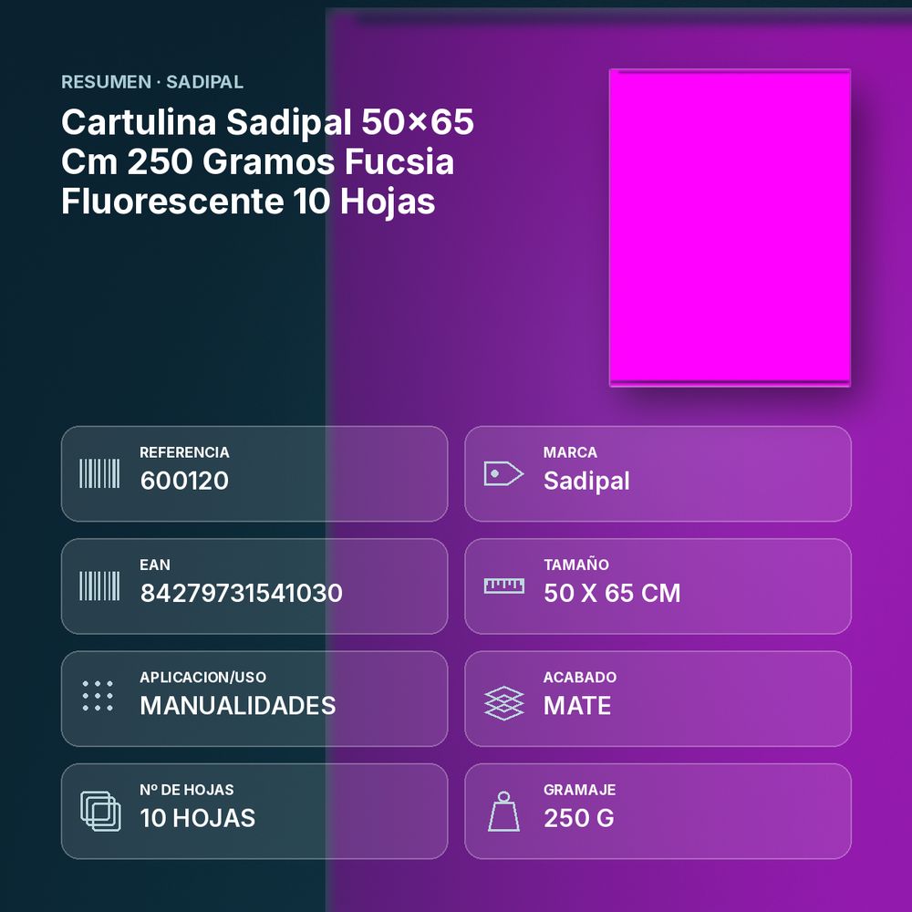 CARTULINA SADIPAL 50×65 CM 250 GRAMOS FUCSIA FLUORESCENTE 10 HOJAS - resumen de atributos