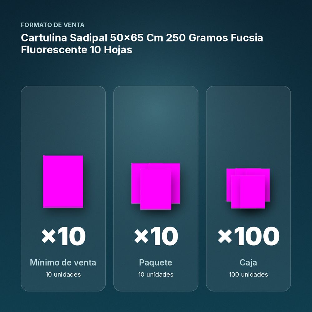CARTULINA SADIPAL 50×65 CM 250 GRAMOS FUCSIA FLUORESCENTE 10 HOJAS - formato de venta: paquete de 10, caja de 100