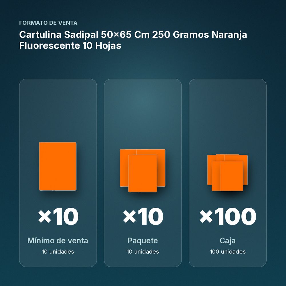 CARTULINA SADIPAL 50×65 CM 250 GRAMOS NARANJA FLUORESCENTE 10 HOJAS - formato de venta: paquete de 10, caja de 100