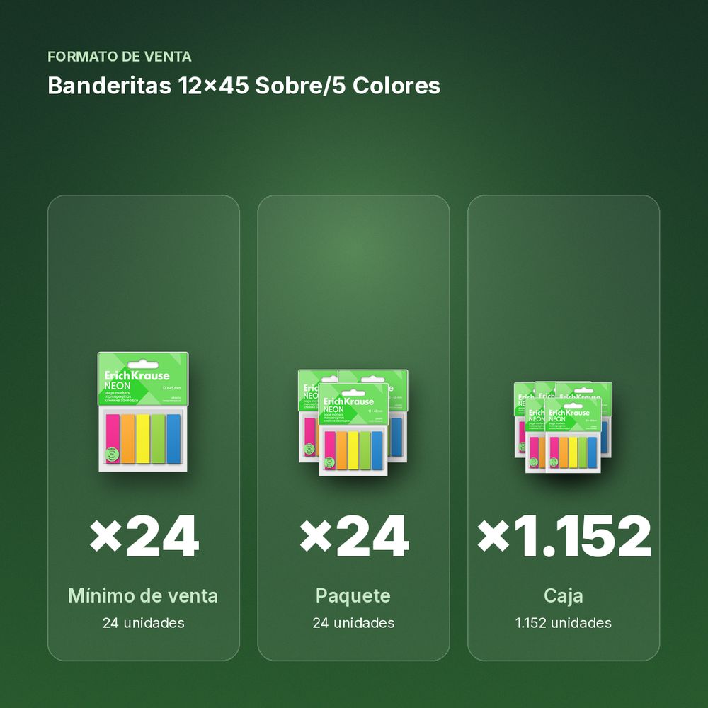 BANDERITAS 12X45 SOBRE/5 COLORES - formato de venta: paquete de 24, caja de 1152