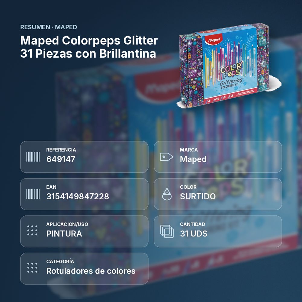 MAPED COLORPEPS GLITTER 31 PIEZAS CON BRILLANTINA - resumen de atributos