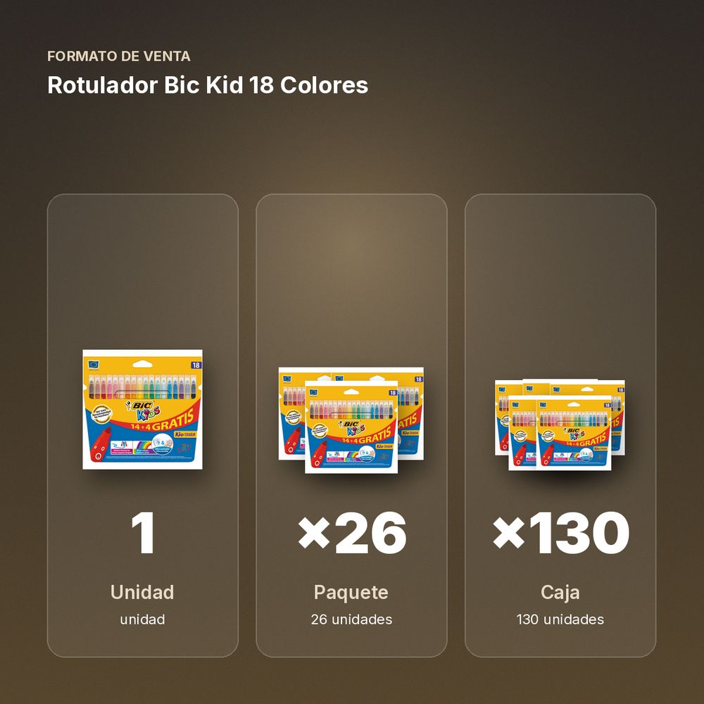 ROTULADOR BIC KID 18 COLORES - formato de venta: paquete de 26, caja de 130