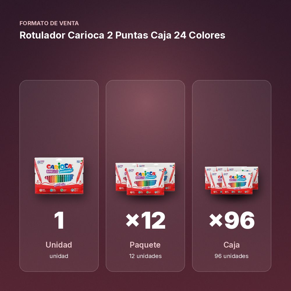 ROTULADOR CARIOCA 2 PUNTAS CAJA 24 COLORES - formato de venta: paquete de 12, caja de 96