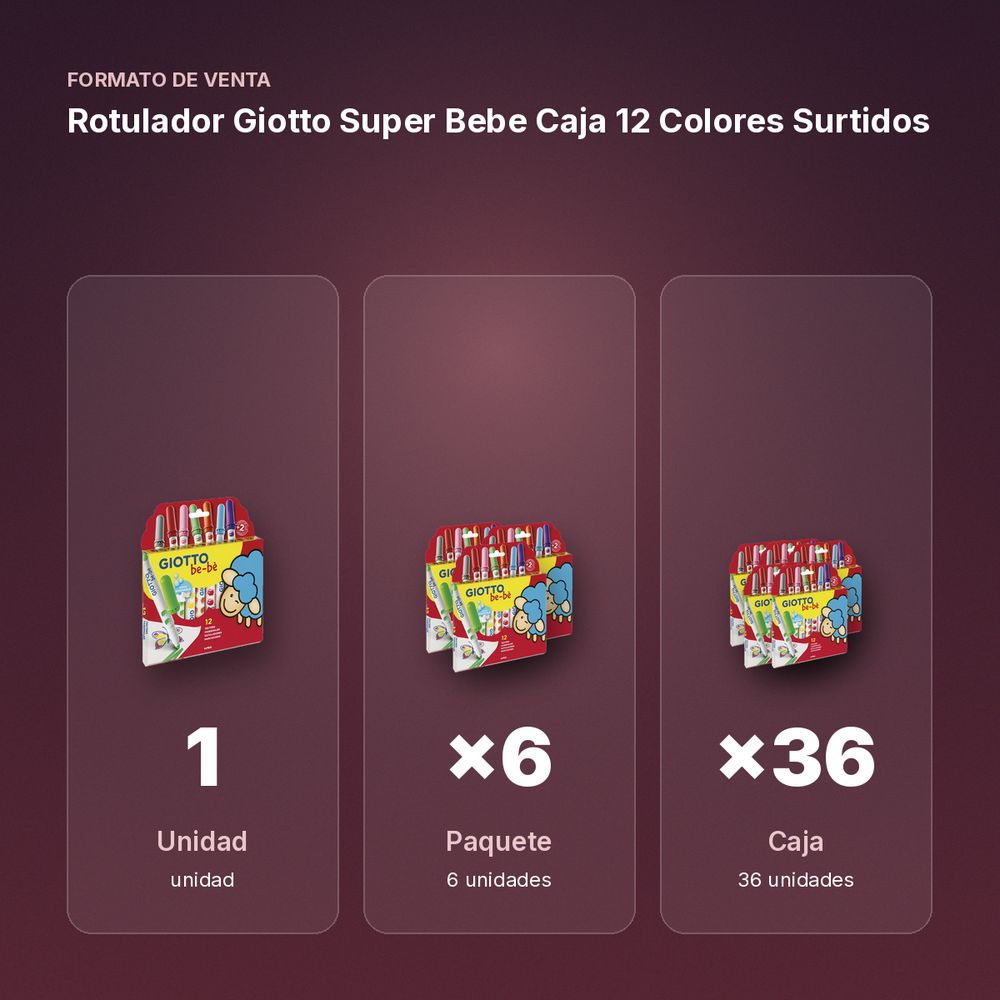 ROTULADOR GIOTTO SUPER BEBE CAJA 12 COLORES SURTIDOS - formato de venta: paquete de 6, caja de 36