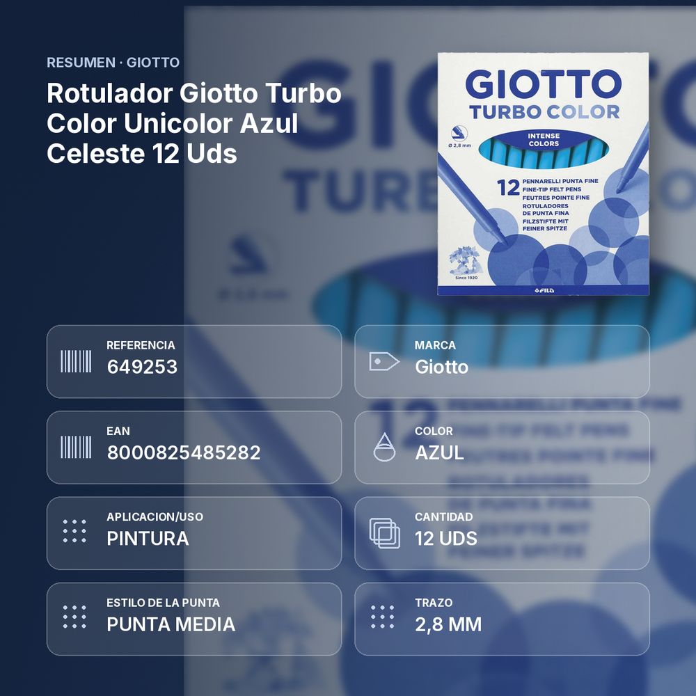 ROTULADOR GIOTTO TURBO COLOR UNICOLOR AZUL CELESTE 12 UDS  - resumen de atributos