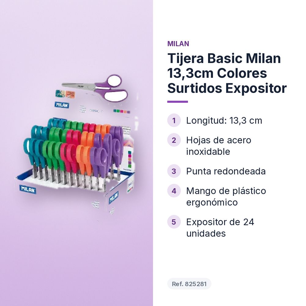 TIJERA BASIC MILAN 13,3CM COLORES SURTIDOS EXPOSITOR - características principales