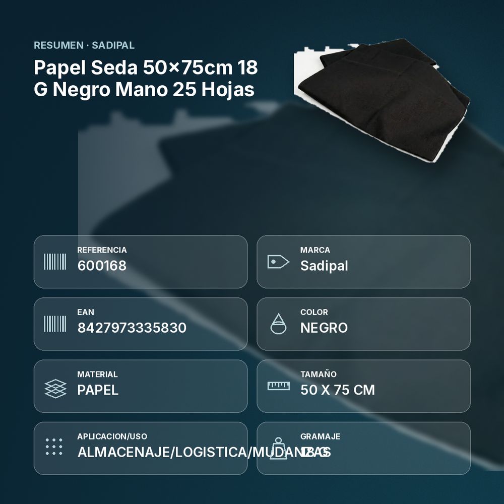 PAPEL SEDA 50×75CM 18 G NEGRO MANO 25 HOJAS - resumen de atributos