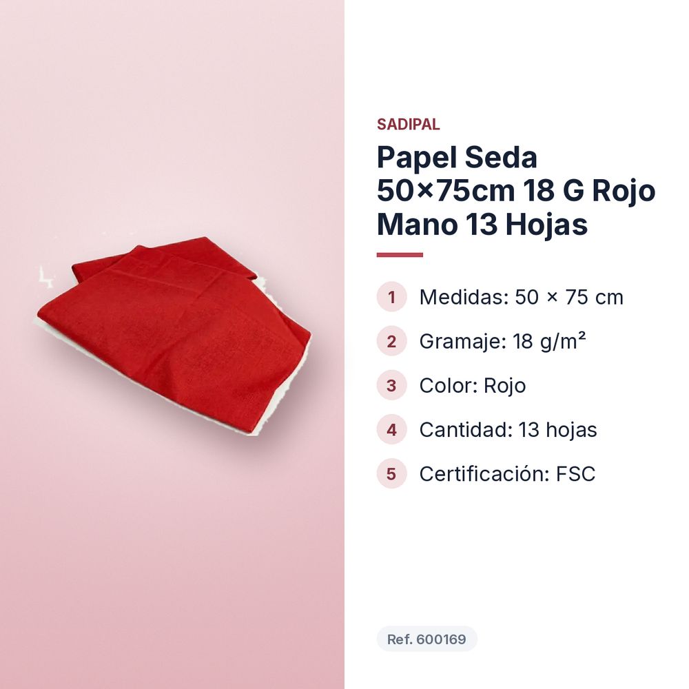 PAPEL SEDA 50×75CM 18 G ROJO MANO 13 HOJAS - características principales