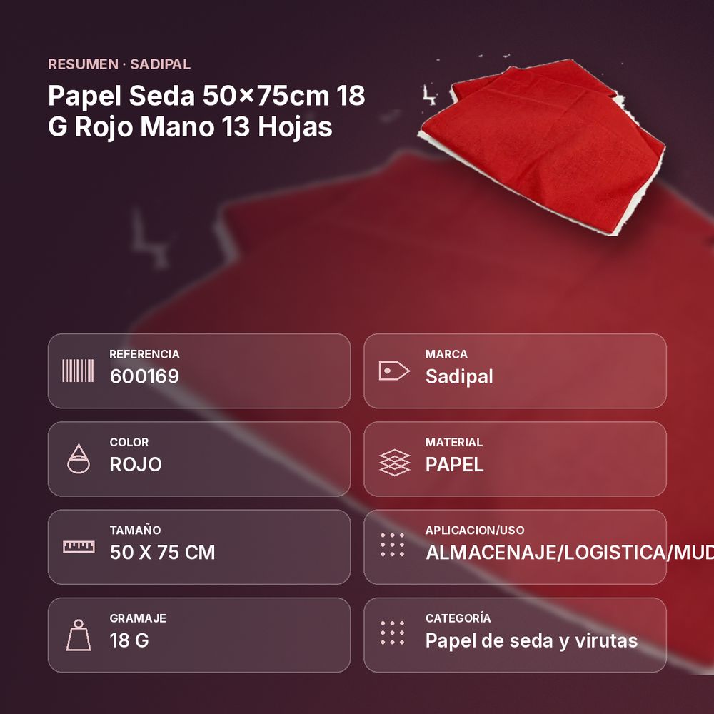PAPEL SEDA 50×75CM 18 G ROJO MANO 13 HOJAS - resumen de atributos