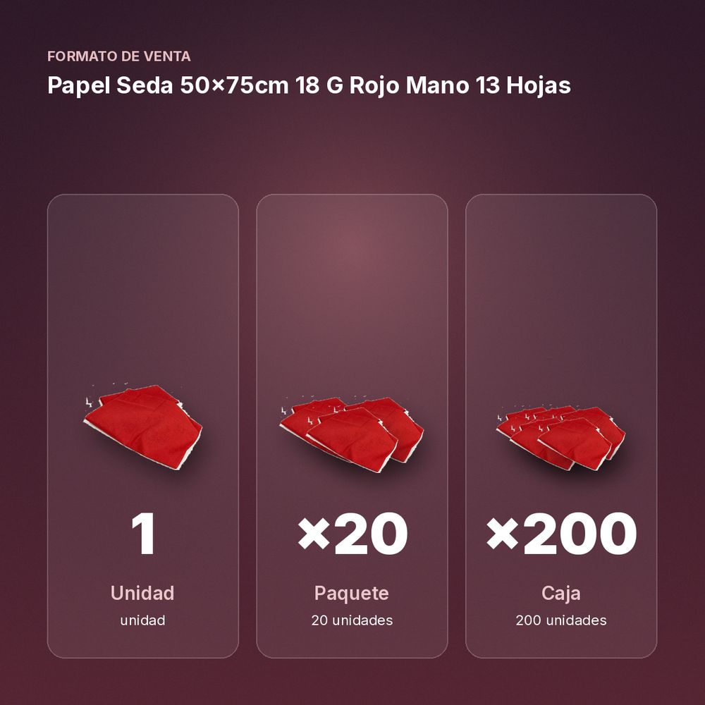 PAPEL SEDA 50×75CM 18 G ROJO MANO 13 HOJAS - formato de venta: paquete de 20, caja de 200
