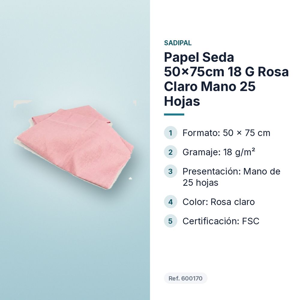 PAPEL SEDA 50×75CM 18 G ROSA CLARO MANO 25 HOJAS - características principales