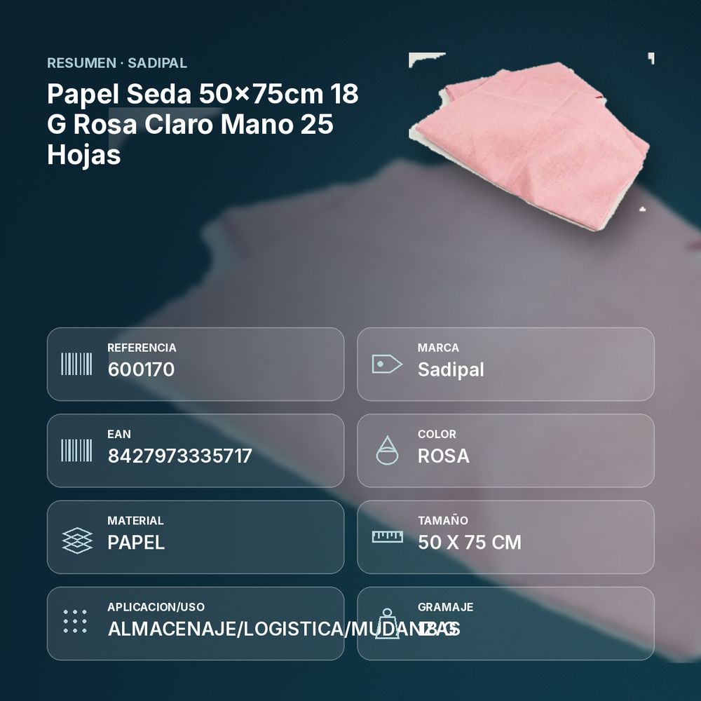 PAPEL SEDA 50×75CM 18 G ROSA CLARO MANO 25 HOJAS - resumen de atributos