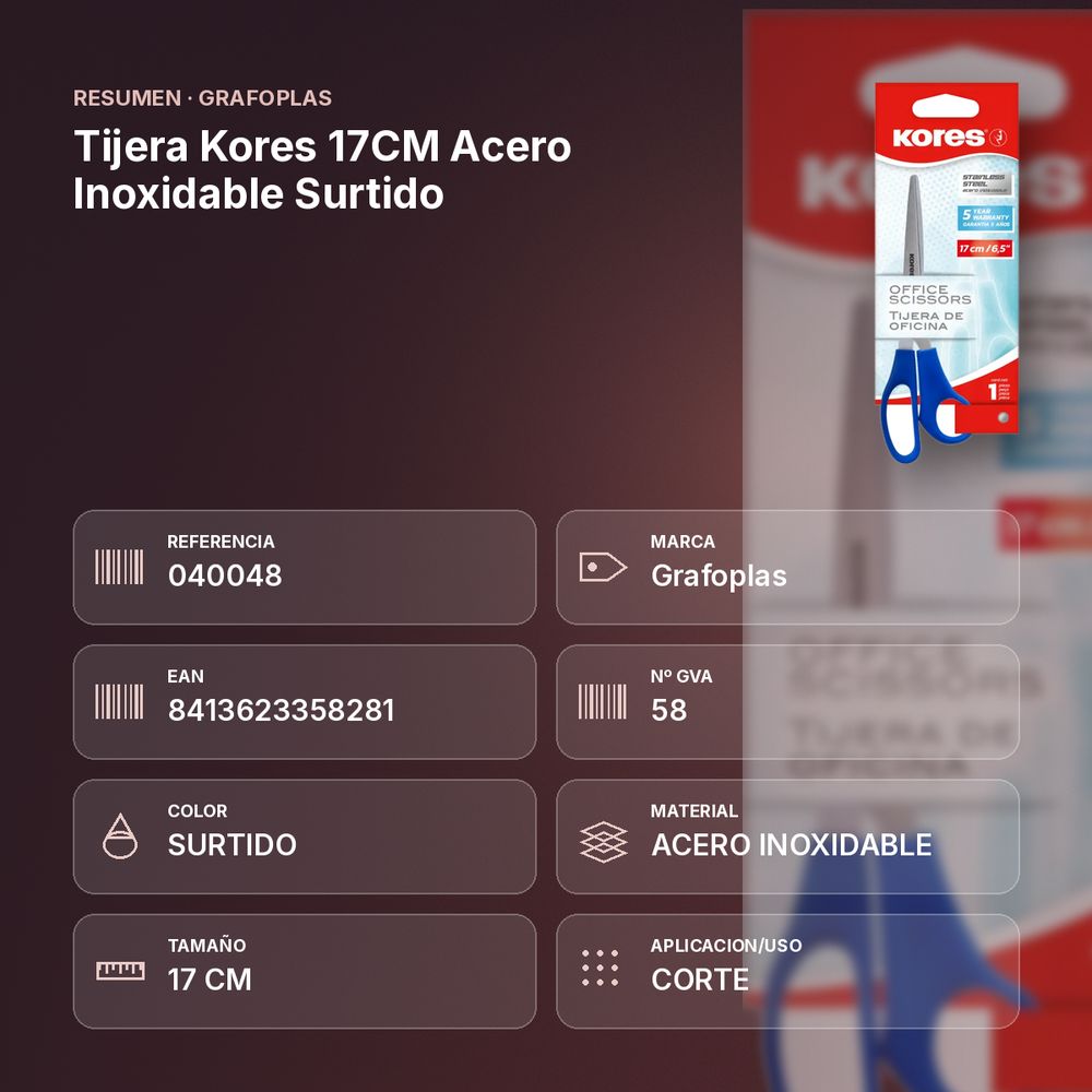 TIJERA KORES 17CM ACERO INOXIDABLE SURTIDO - resumen de atributos
