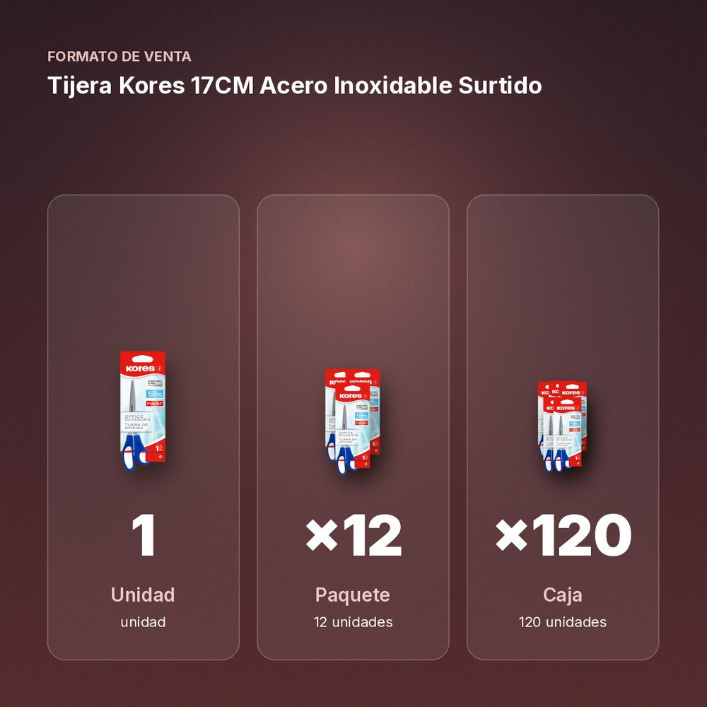 TIJERA KORES 17CM ACERO INOXIDABLE SURTIDO - formato de venta: paquete de 12, caja de 120