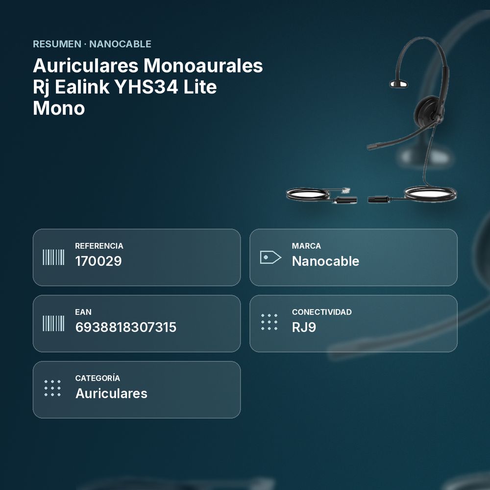 AURICULARES MONOAURALES RJ EALINK YHS34 LITE MONO - resumen de atributos
