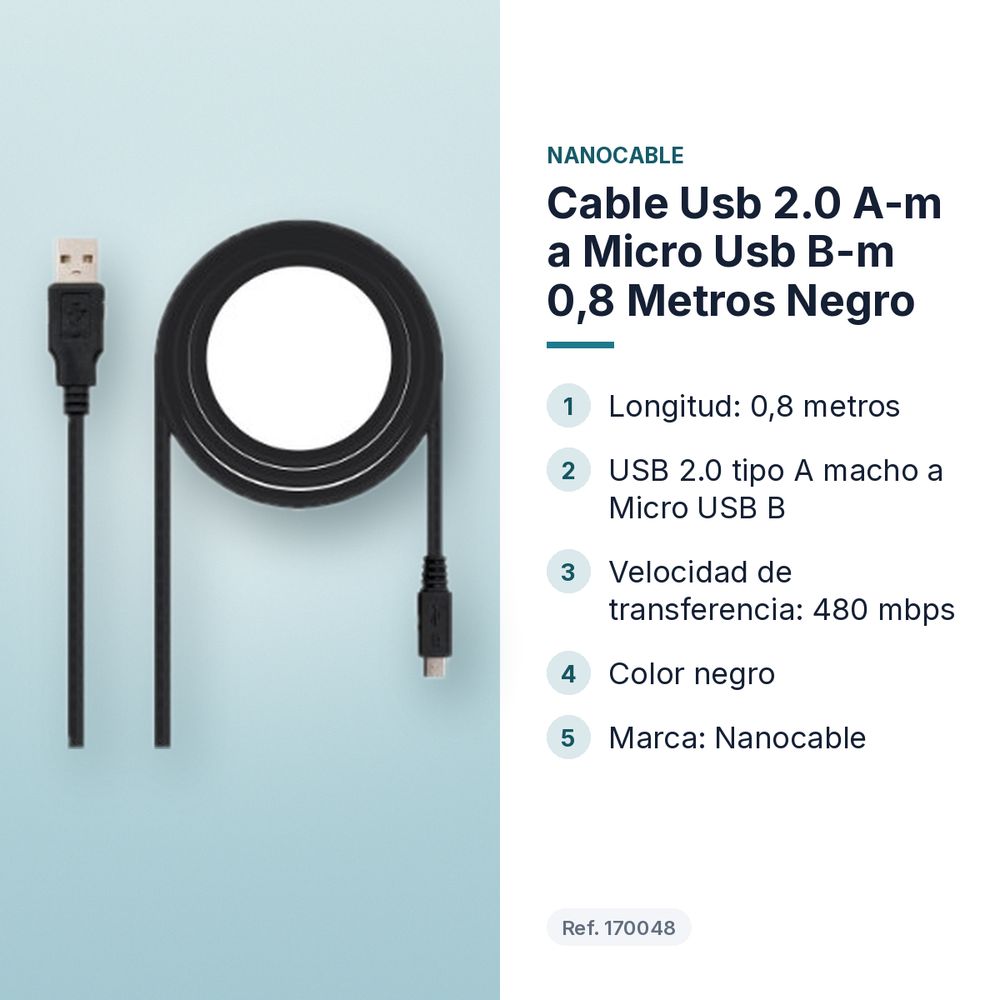 CABLE USB 2.0 A-M A MICRO USB B-M 0,8 METROS NEGRO - características principales