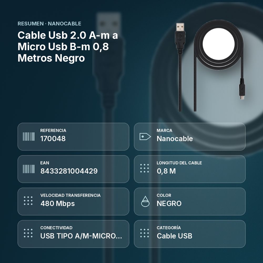 CABLE USB 2.0 A-M A MICRO USB B-M 0,8 METROS NEGRO - resumen de atributos
