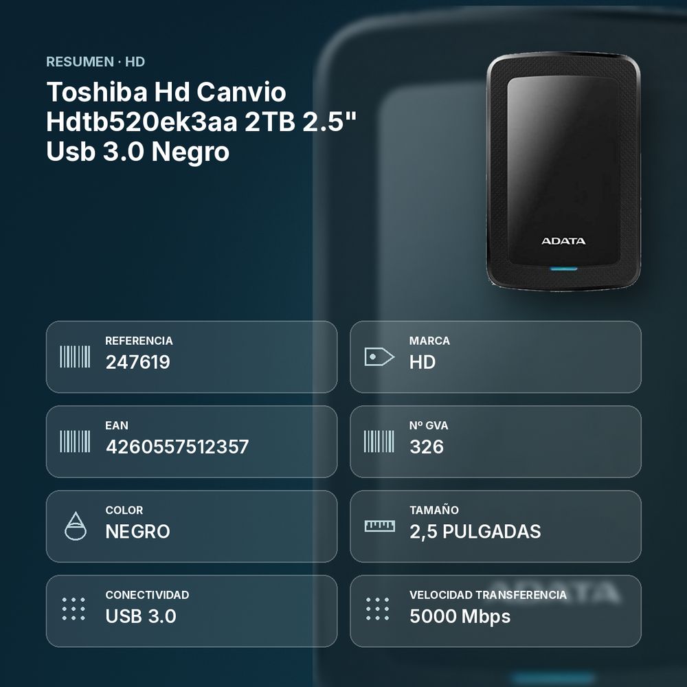 TOSHIBA HD CANVIO HDTB520EK3AA 2TB 2.5" USB 3.0 NEGRO - resumen de atributos