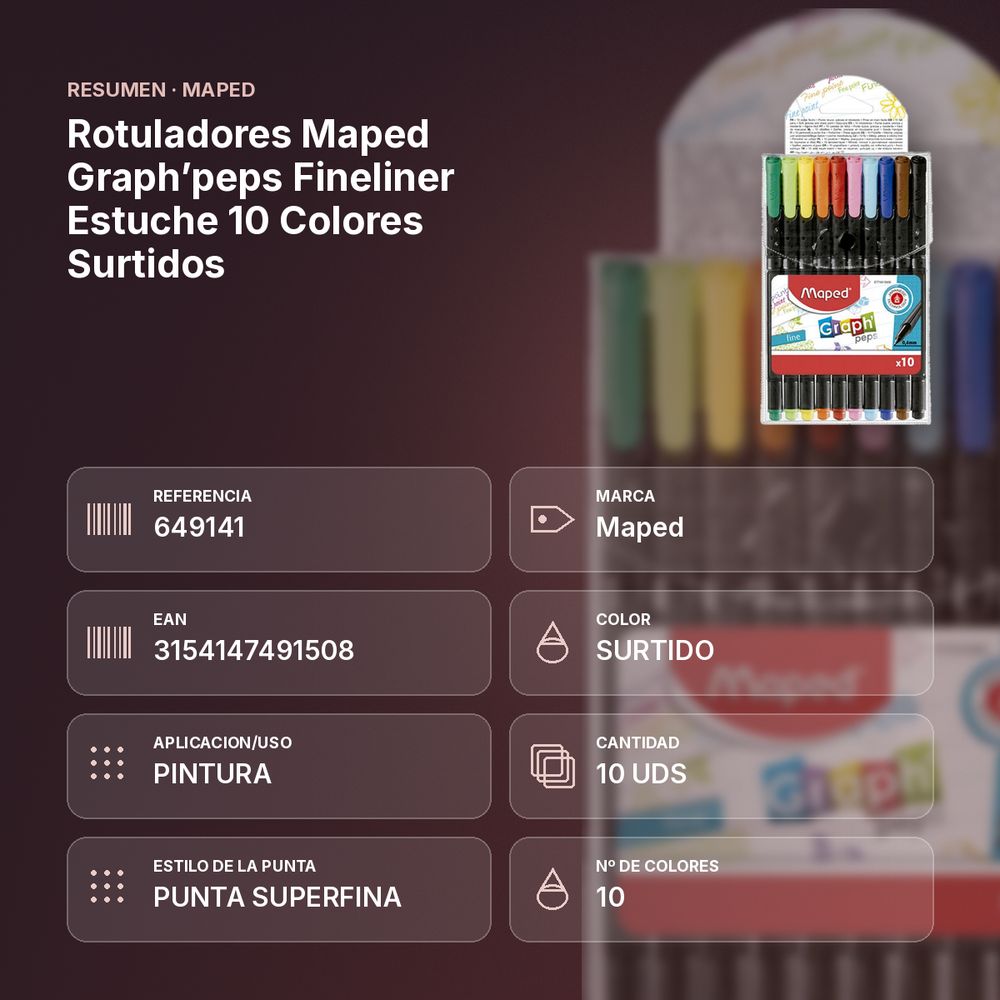 ROTULADORES MAPED GRAPH’PEPS FINELINER ESTUCHE 10 COLORES SURTIDOS - resumen de atributos