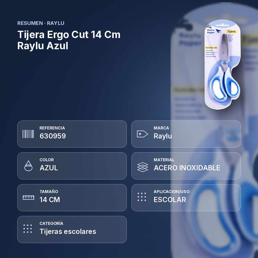 TIJERA ERGO CUT 14 CM RAYLU AZUL - resumen de atributos
