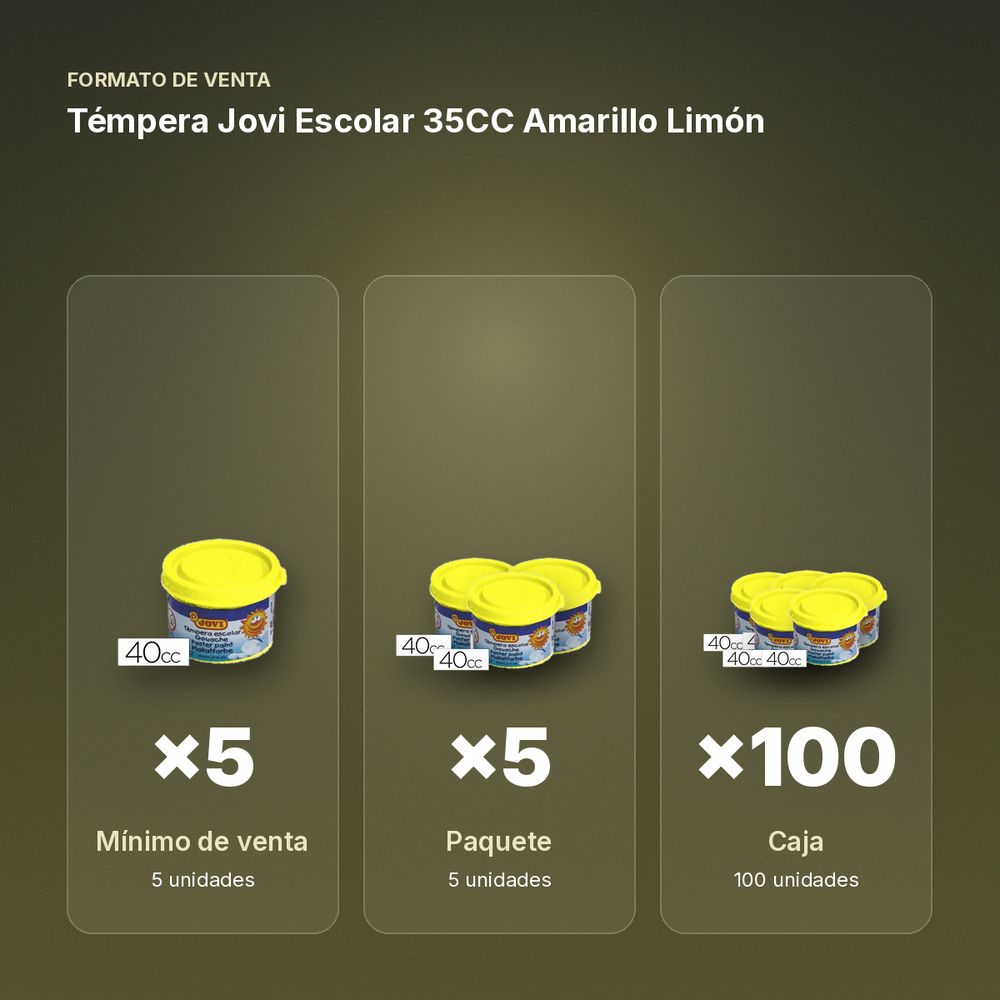 TÉMPERA JOVI ESCOLAR 35CC AMARILLO LIMÓN - formato de venta: paquete de 5, caja de 100