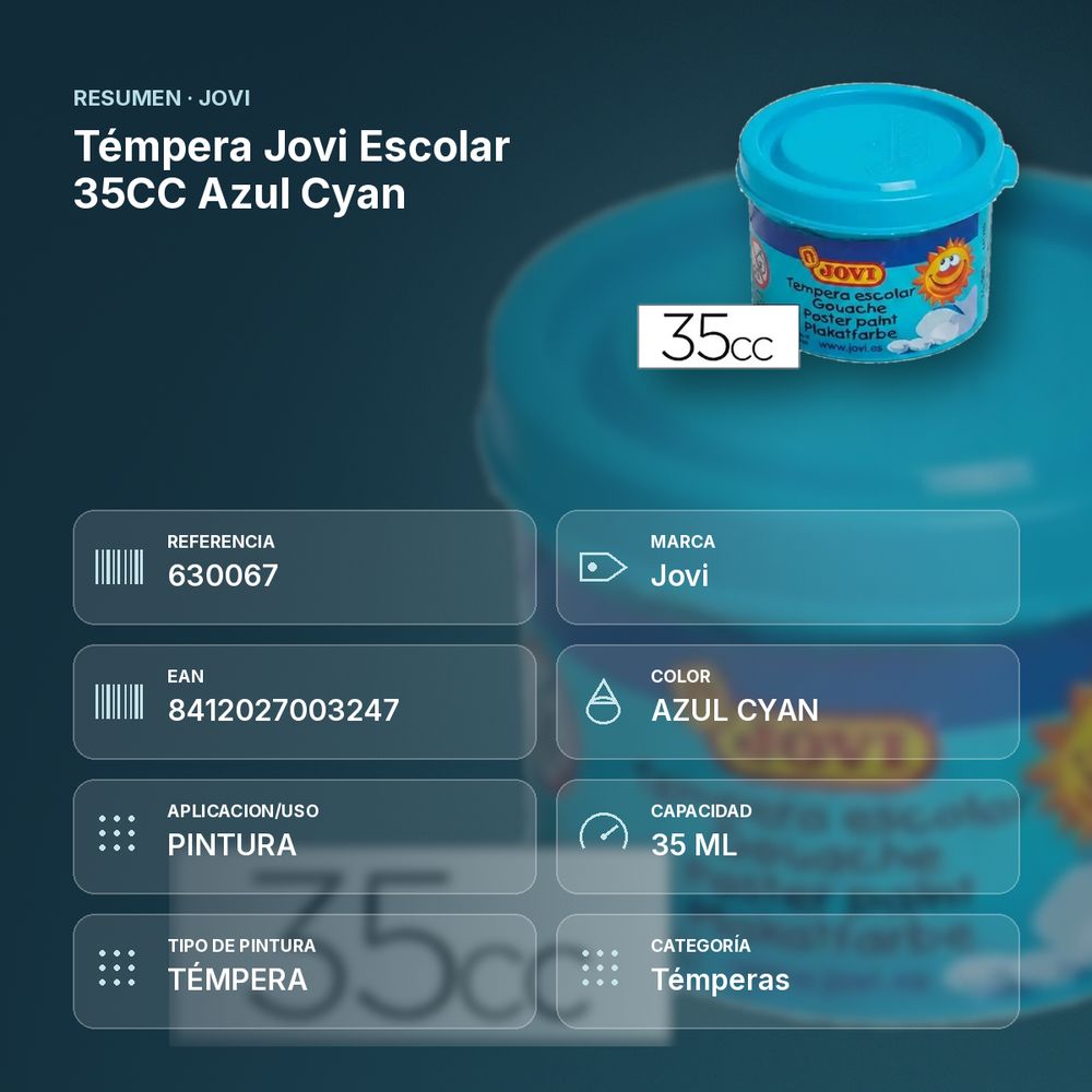 TÉMPERA JOVI ESCOLAR 35CC AZUL CYAN - resumen de atributos