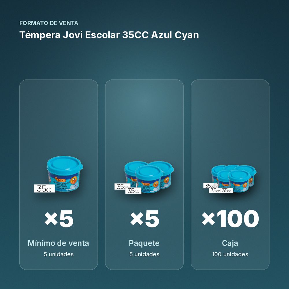 TÉMPERA JOVI ESCOLAR 35CC AZUL CYAN - formato de venta: paquete de 5, caja de 100