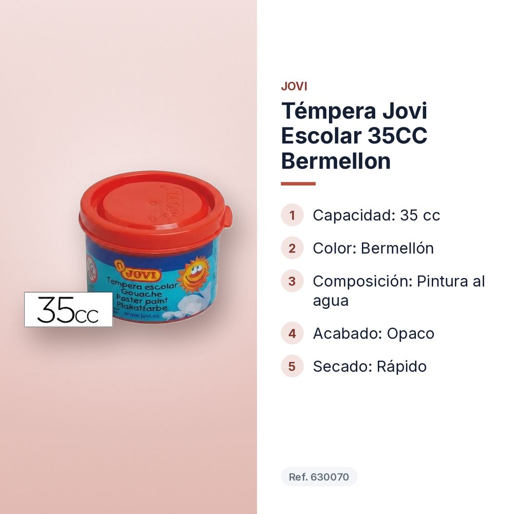 TÉMPERA JOVI ESCOLAR 35CC BERMELLON - características principales