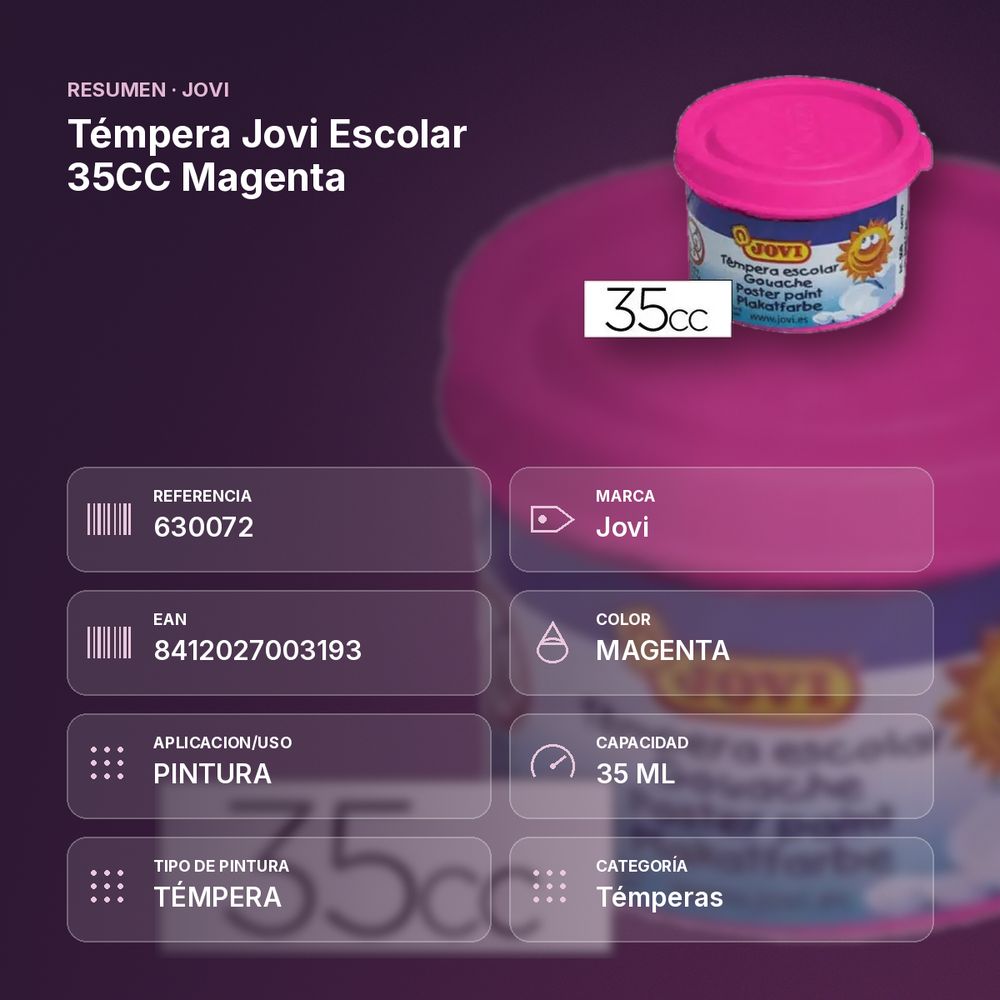 TÉMPERA JOVI ESCOLAR 35CC MAGENTA - resumen de atributos
