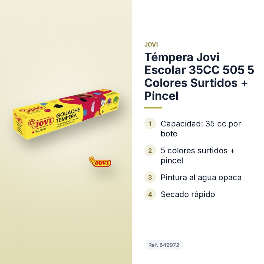 TÉMPERA JOVI ESCOLAR 35CC 505 5 COLORES SURTIDOS + PINCEL - características principales