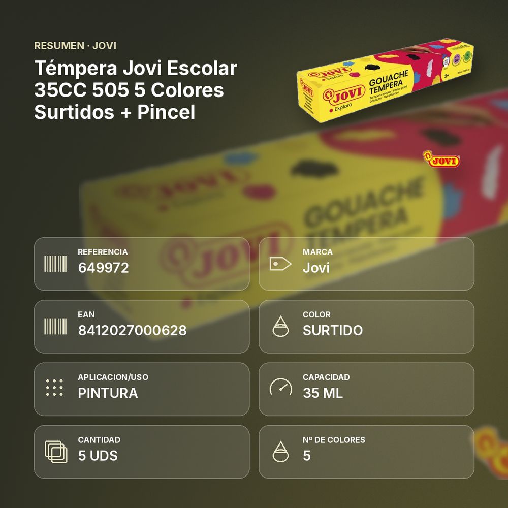 TÉMPERA JOVI ESCOLAR 35CC 505 5 COLORES SURTIDOS + PINCEL - resumen de atributos